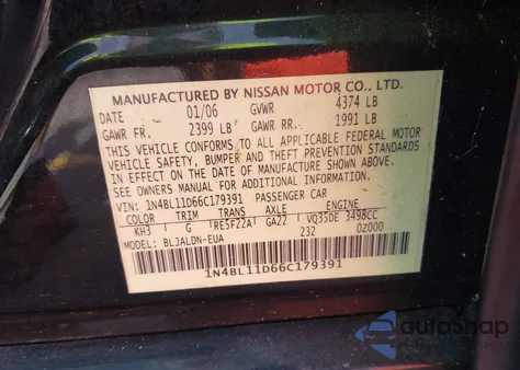 2006 Nissan Altima 3.5 Sl from USA, damaged, VIN 1N4BL11D66C179391